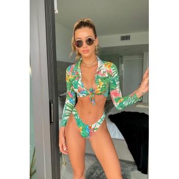 2 Pieces Female Swimsuits, Floral Print V-Neck Long Sleeve Crop Top+ Bikini 